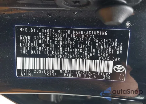 2021 Toyota Corolla Le z USA, uszkodzony, nr VIN 5YFEPMAE7MP257588